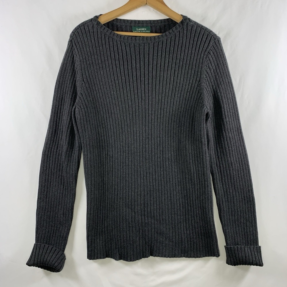 Ralph Lauren Womens Old Money Ribbed Cotton Sweater Large Gray 90s Minimalist